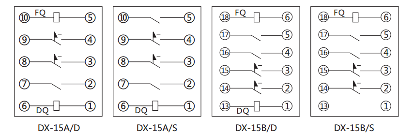 DX-15A/S信號(hào)繼電器內(nèi)部接線及外引接線圖