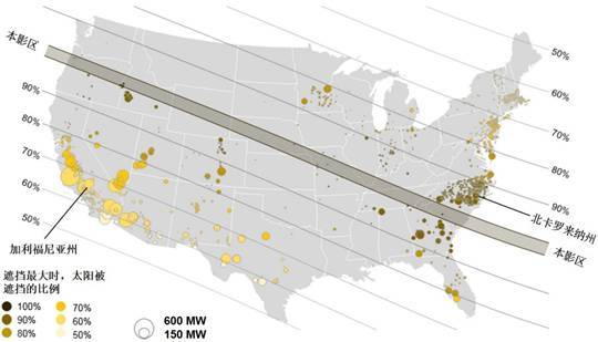 美國大型光伏電站分布以及日光遮擋比例圖