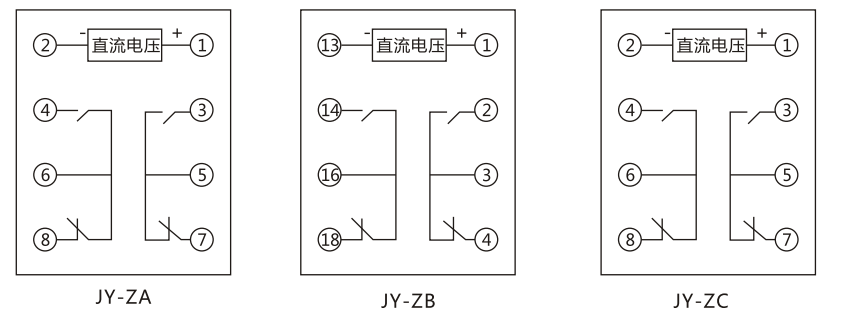 JY-ZA直流高低值電壓繼電器內(nèi)部接線及外引接線圖