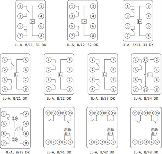 JL-A、B/42 DK無輔源電流繼電器內(nèi)部接線及外引端子圖（正視圖）