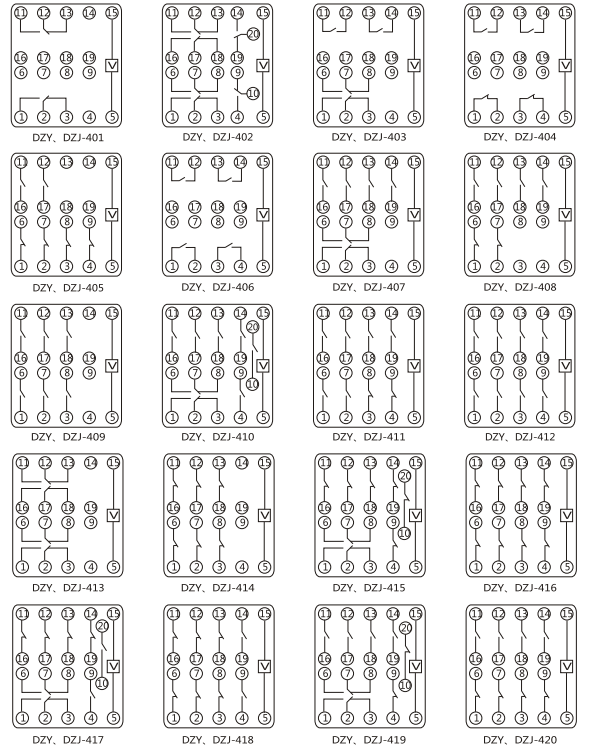 DZY（J)-404導(dǎo)軌式中間繼電器內(nèi)部端子外引接線圖(正視)