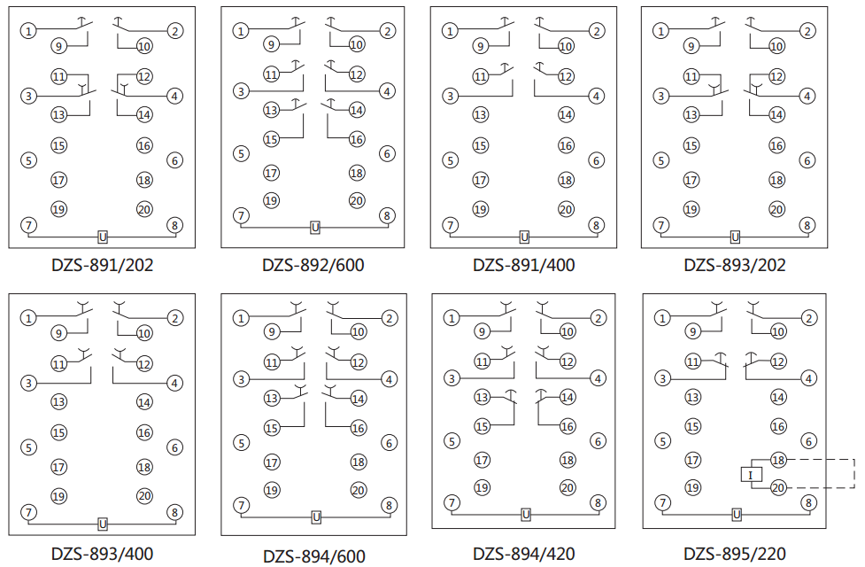 DZS-891延時中間繼電器內(nèi)部接線圖及外引接線圖（背視）