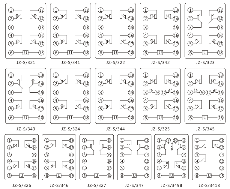 JZ-S/321靜態(tài)可調(diào)延時(shí)中間繼電器內(nèi)部接線圖及外引接線圖