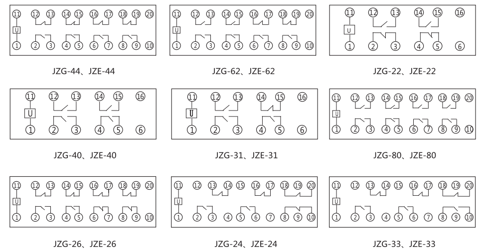 JZE-22卡軌式靜態(tài)中間繼電器內(nèi)部端子外引接線圖